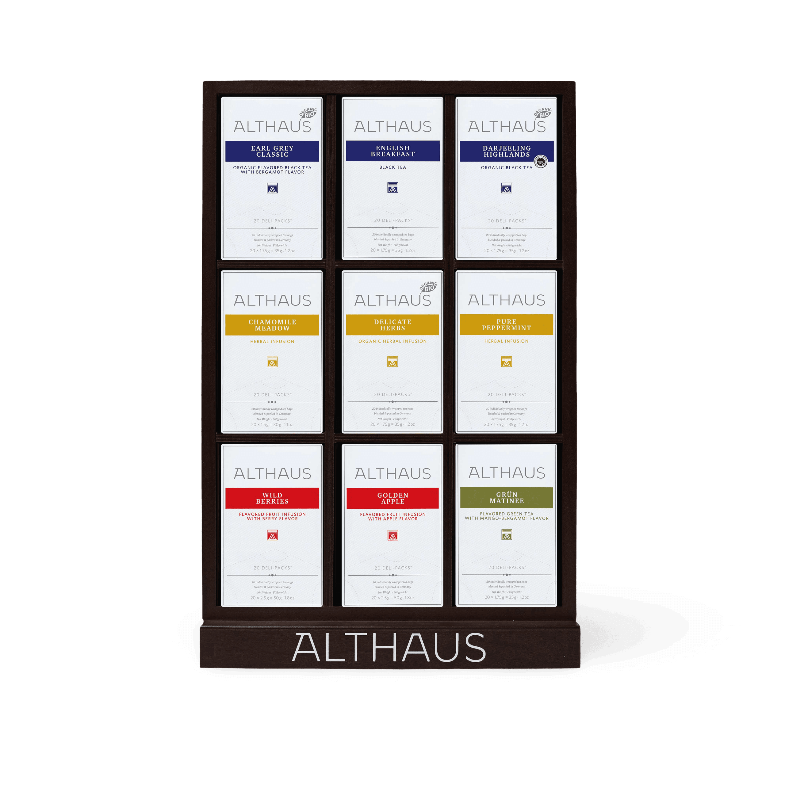 Althaus Teebar aus Holz mit neun Fächern