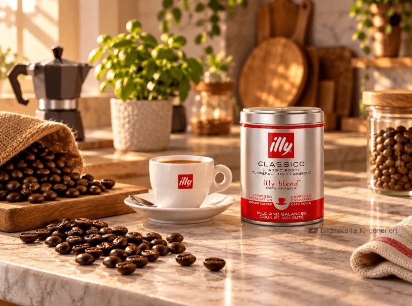Illy Dose in Mitarbeiterküche mit einer Illy Kaffeetasse daneben