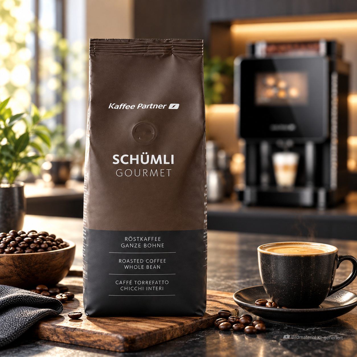 Schümli Gourmet in Mitarbeiterkueche mit Kaffeetasse daneben