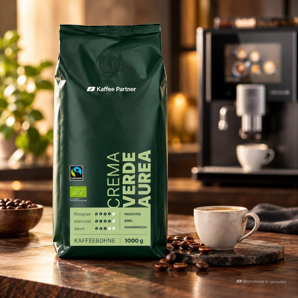 Crema Verde Aurea in einer Küche mit Kaffeetasse daneben