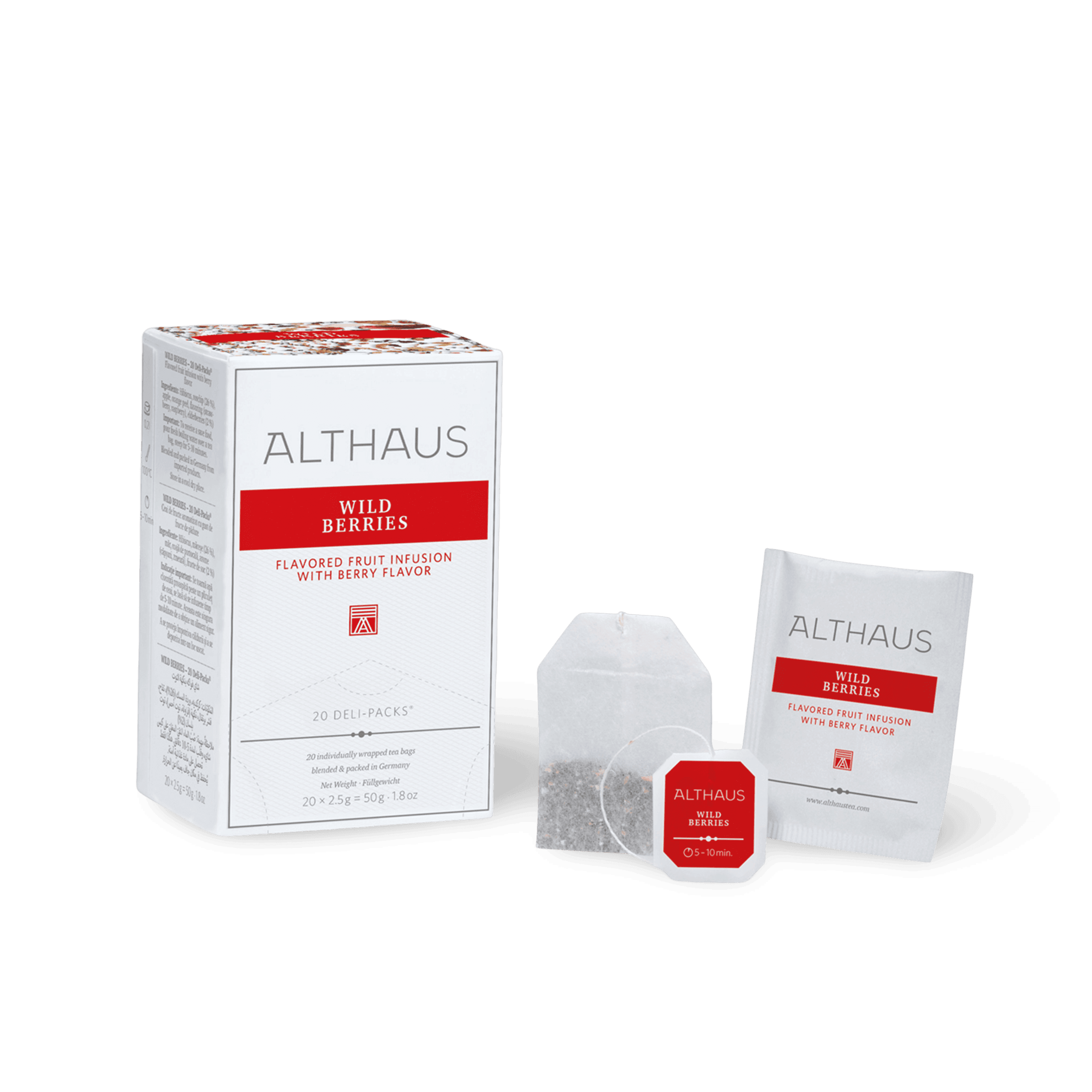 Althaus Wild Berries Tee mit Verpackung und Teebeutel