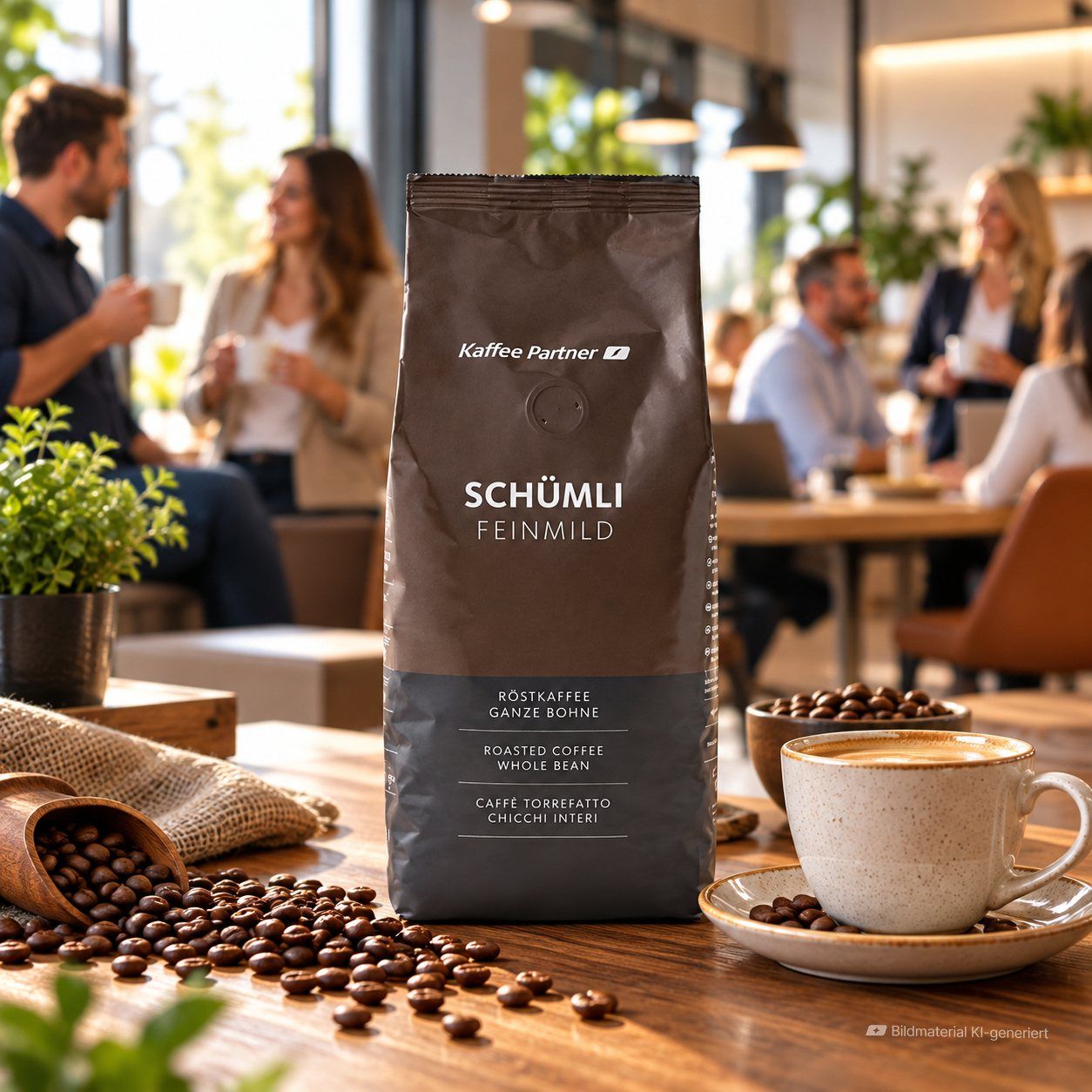 Schümli Feinmild in Cafe mit Kaffeetasse daneben