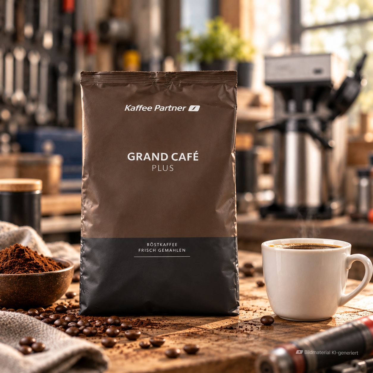 Grand Cafe in einer Werkstatt mit einer Kaffeetasse daneben