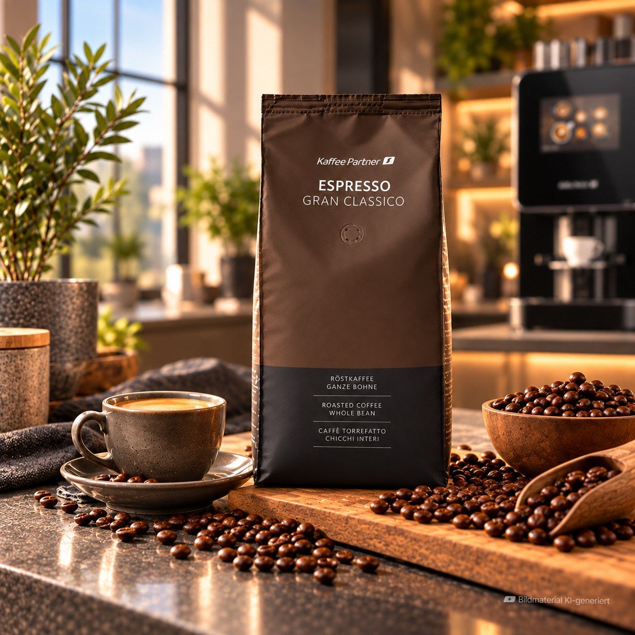 Espresso Gran Classico in einer Küche mit einem Kaffee daneben