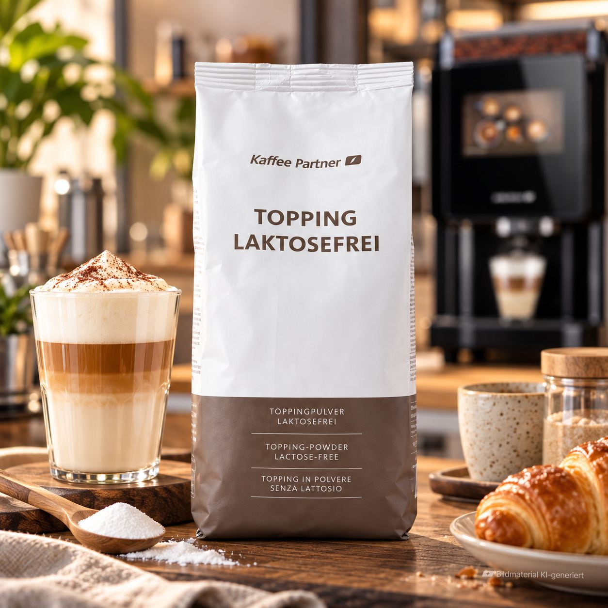 Topping Laktosefrei in einer Küche mit einem Croissant daneben