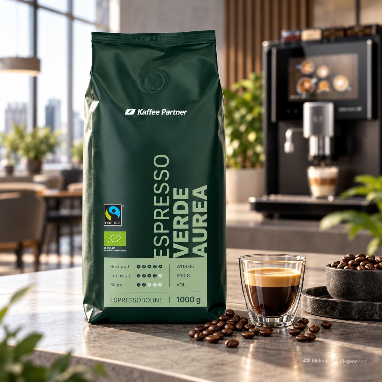 Espresso Verde Aurea in einer Küche mit einem Espresso daneben