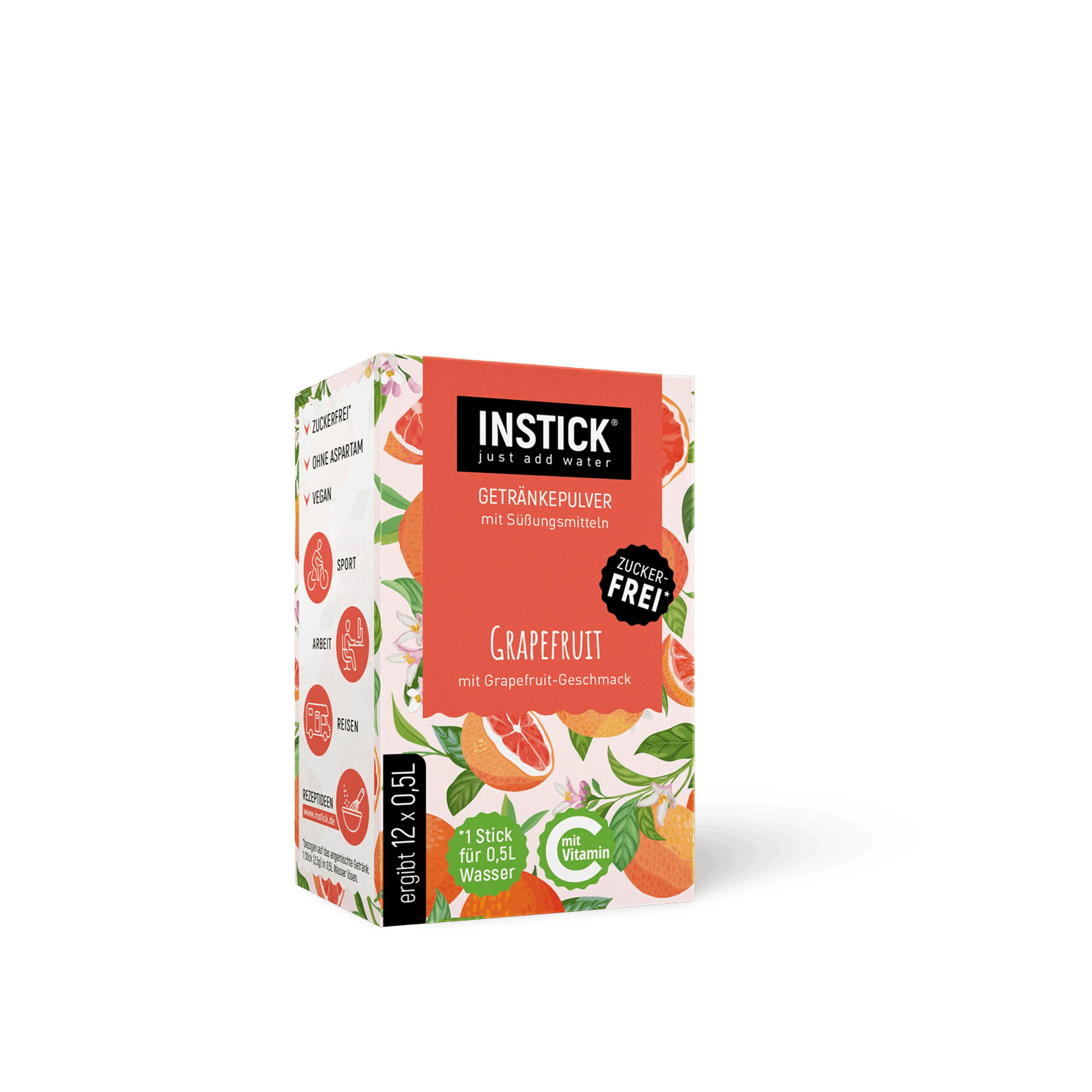 Instick Grapefruit Getränkepulver in der Verpackung – zuckerfrei und mit natürlichem Grapefruitgeschmack