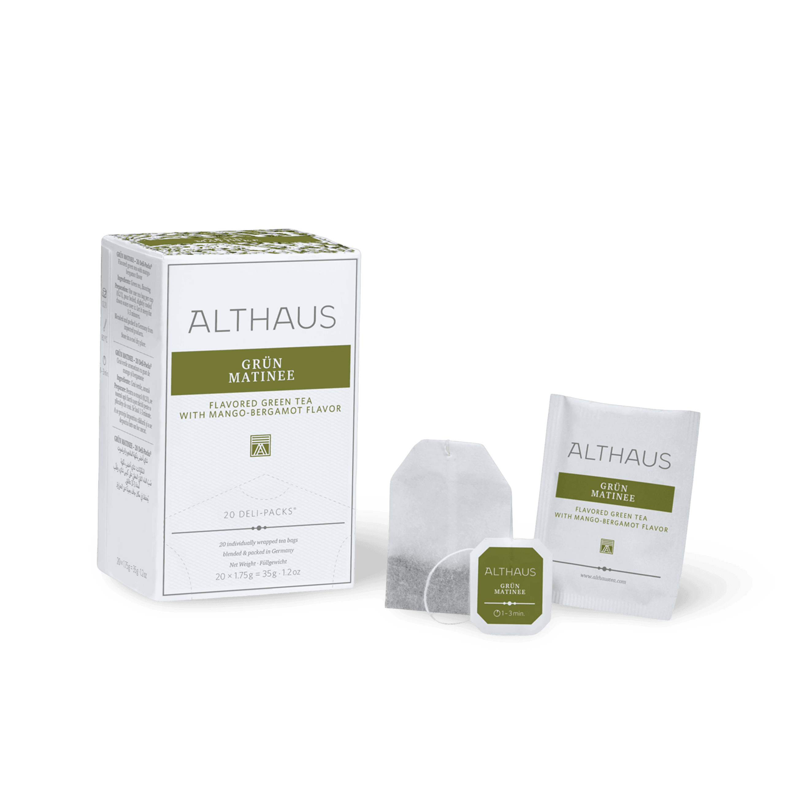 Althaus Tee Grün Matinee mit Teebeutel und Verpackung