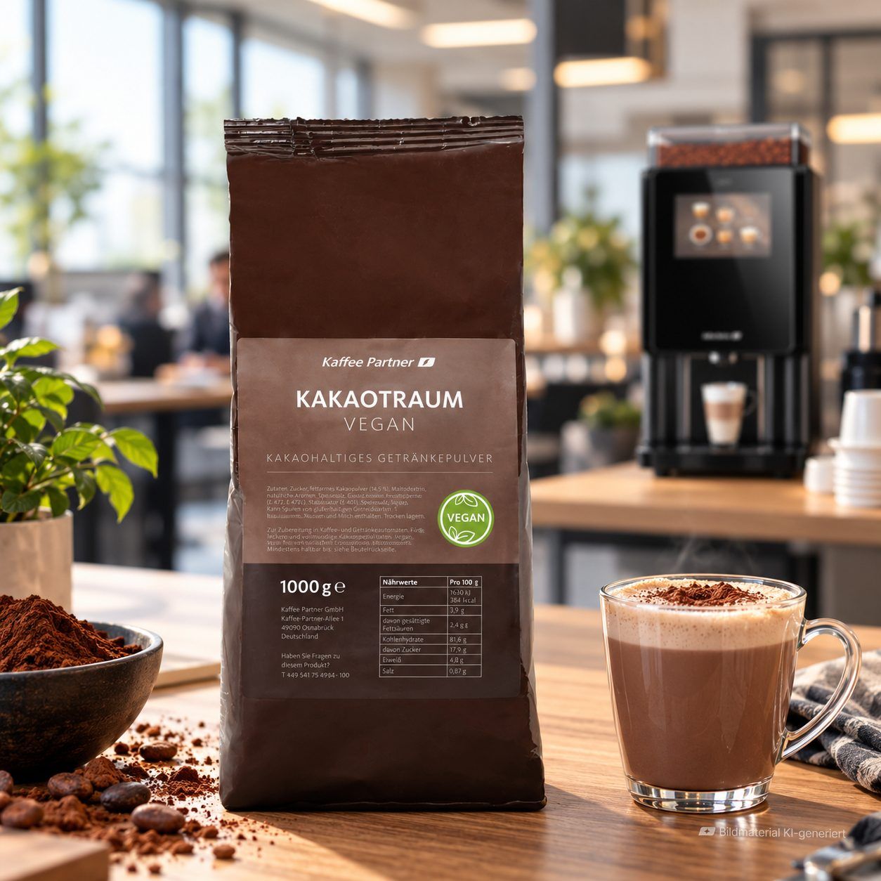 Kakaotraum Vegan in Cafeteria mit Kakaotasse daneben