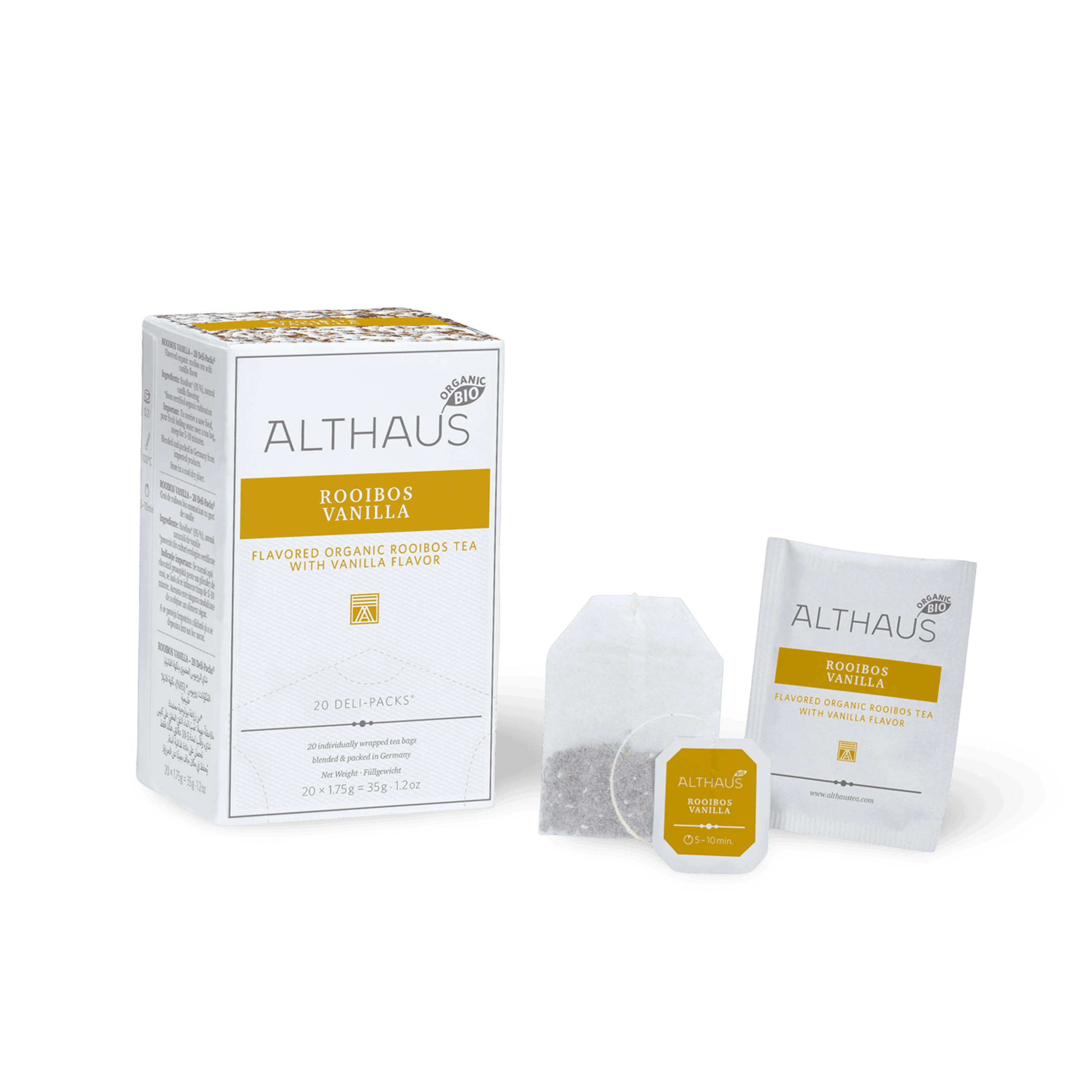 Althaus Rooibos Vanilla Tee mit Teebeutel und Verpackung